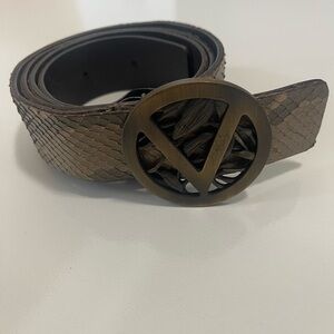 Vintage Snakeskin Style Leather Belt - Made in Italy - Brass Monogram Buckle